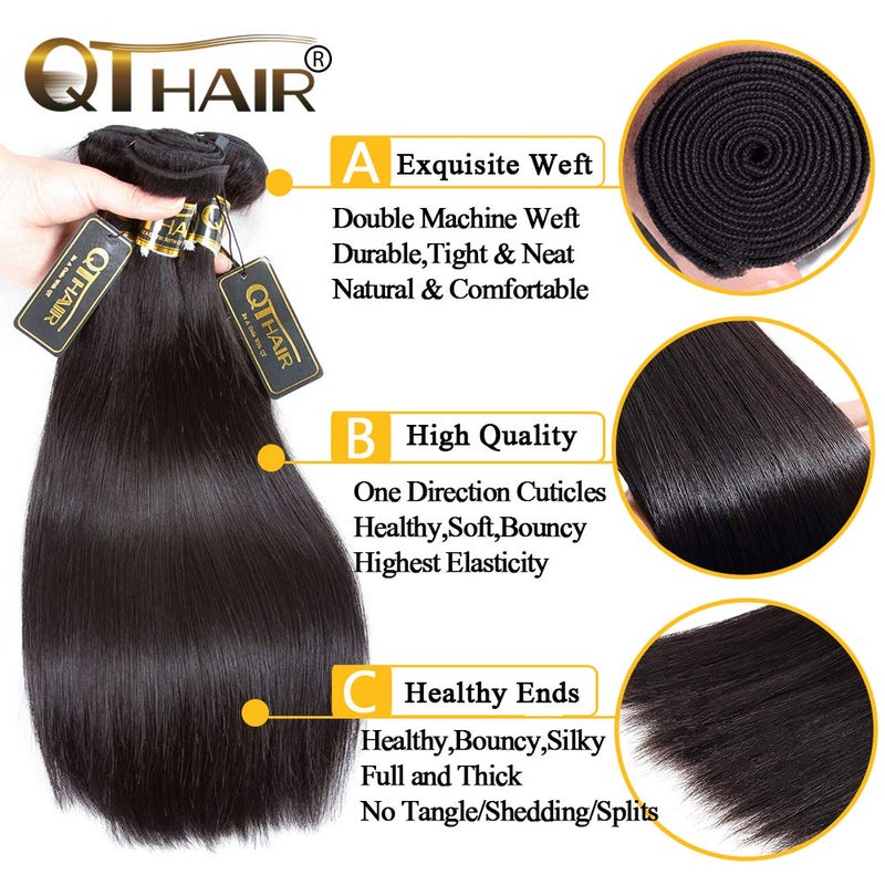 QTHAIR 18A Virgin Hair Straight Human Hair Extensions (16",100g,Natural Black)100% Unprocessed Indian Straight Human Hair Wave Bundles - Image 2